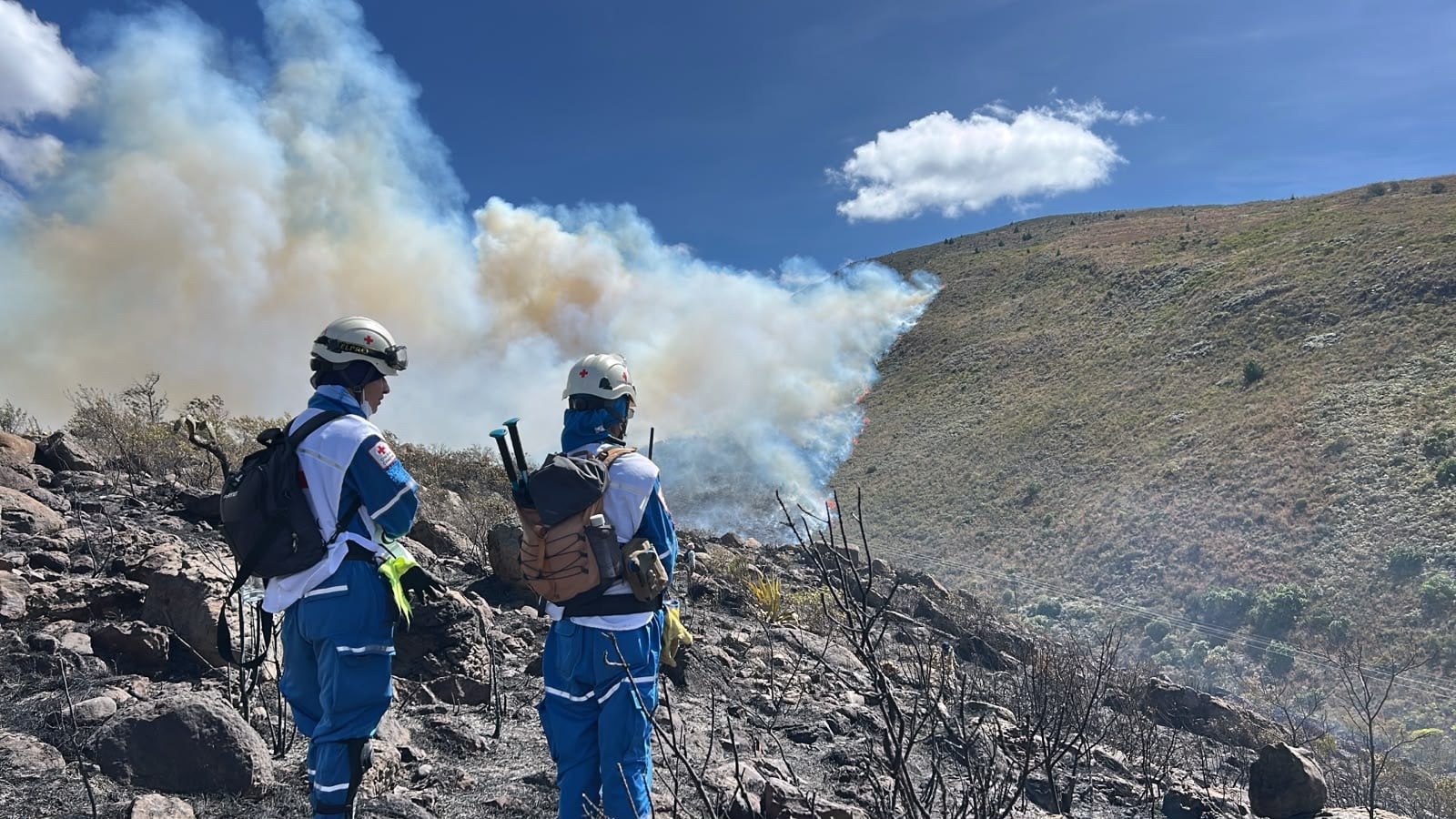 Los bomberos fueron retirados de uno de los frentes del incendio en Boyacá ante el aumento de las llamas y el riesgo para el personal - crédito @UNGRD / X