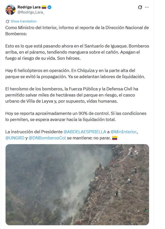 Nueva actualización de los incendios en Villa de Leyva - crédito @Rodrigo_Lara_/X