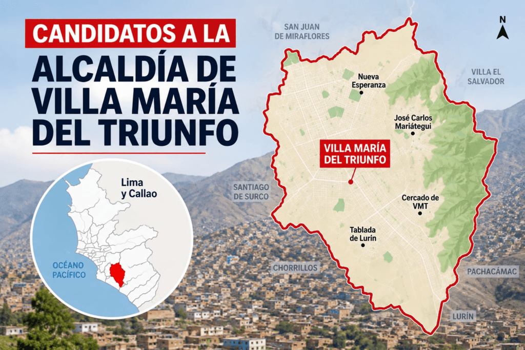 Un mapa presenta la ubicación del distrito de Villa María del Triunfo en Lima en el marco de las elecciones municipales de 2026 en Perú. (Imagen Ilustrativa Infobae)