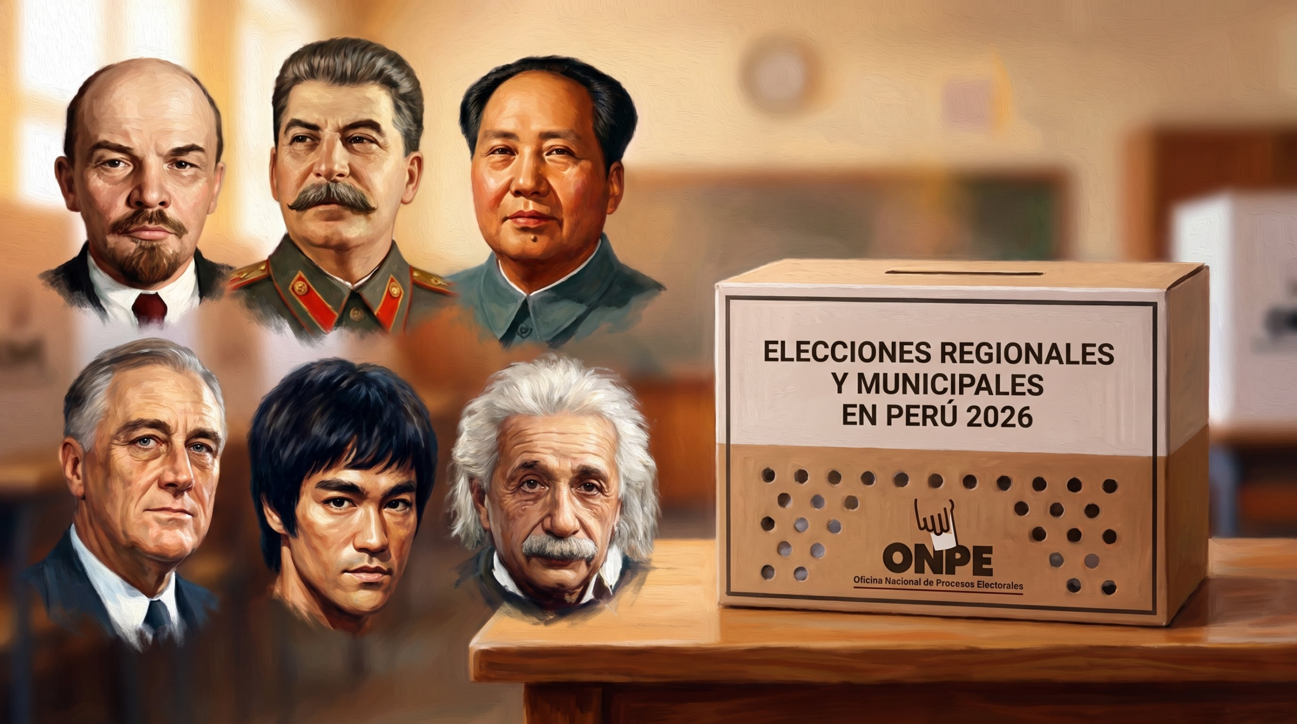 Una ilustración reúne retratos de personajes históricos junto a un ánfora electoral de las Elecciones Regionales y Municipales de Perú 2026. (Imagen Ilustrativa Infobae)
