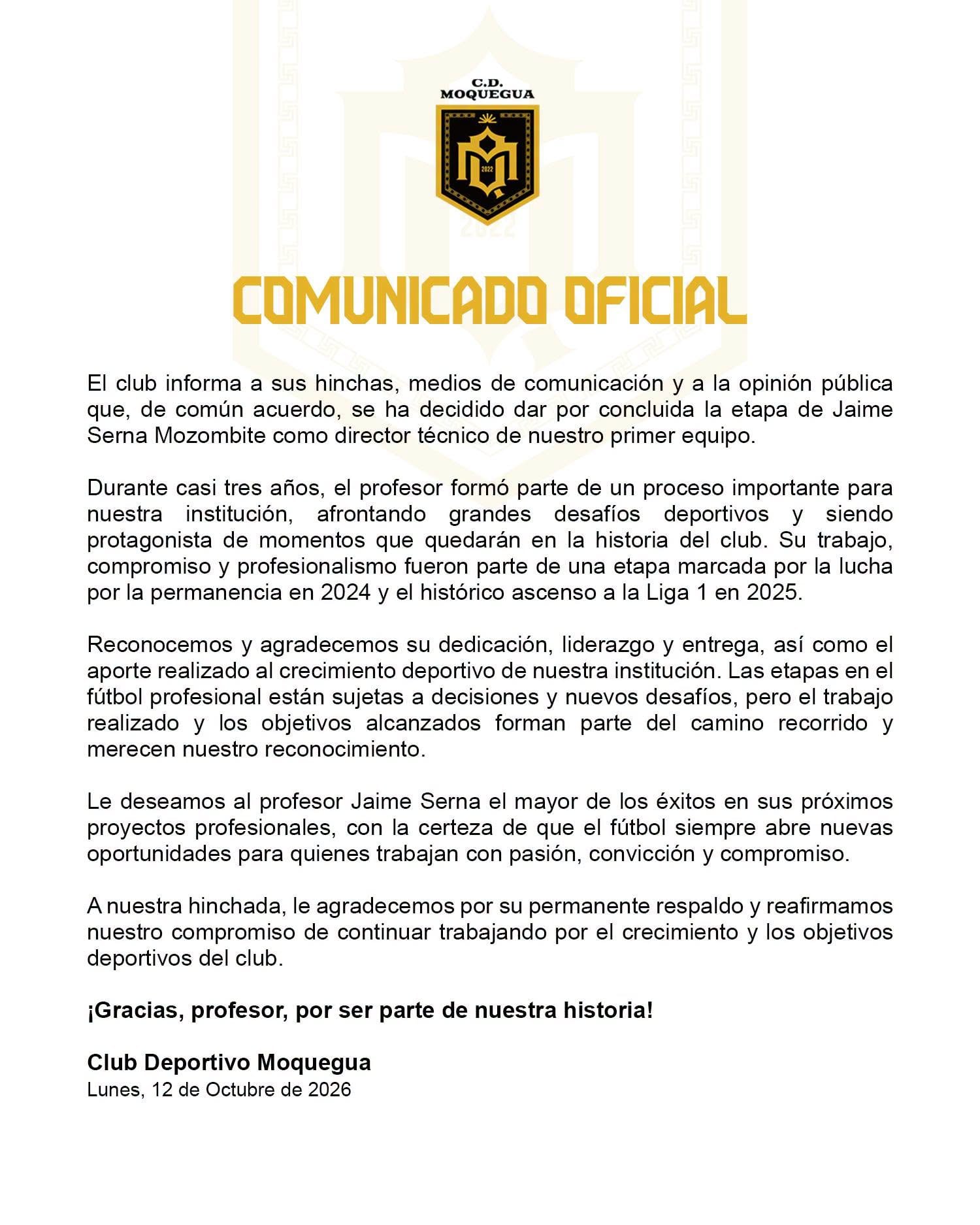 El comunicado de la salida de Jaime Serna de CD Moquegua en medio del mal momento en el Torneo Clausura 2026. - créditos: CD Moquegua