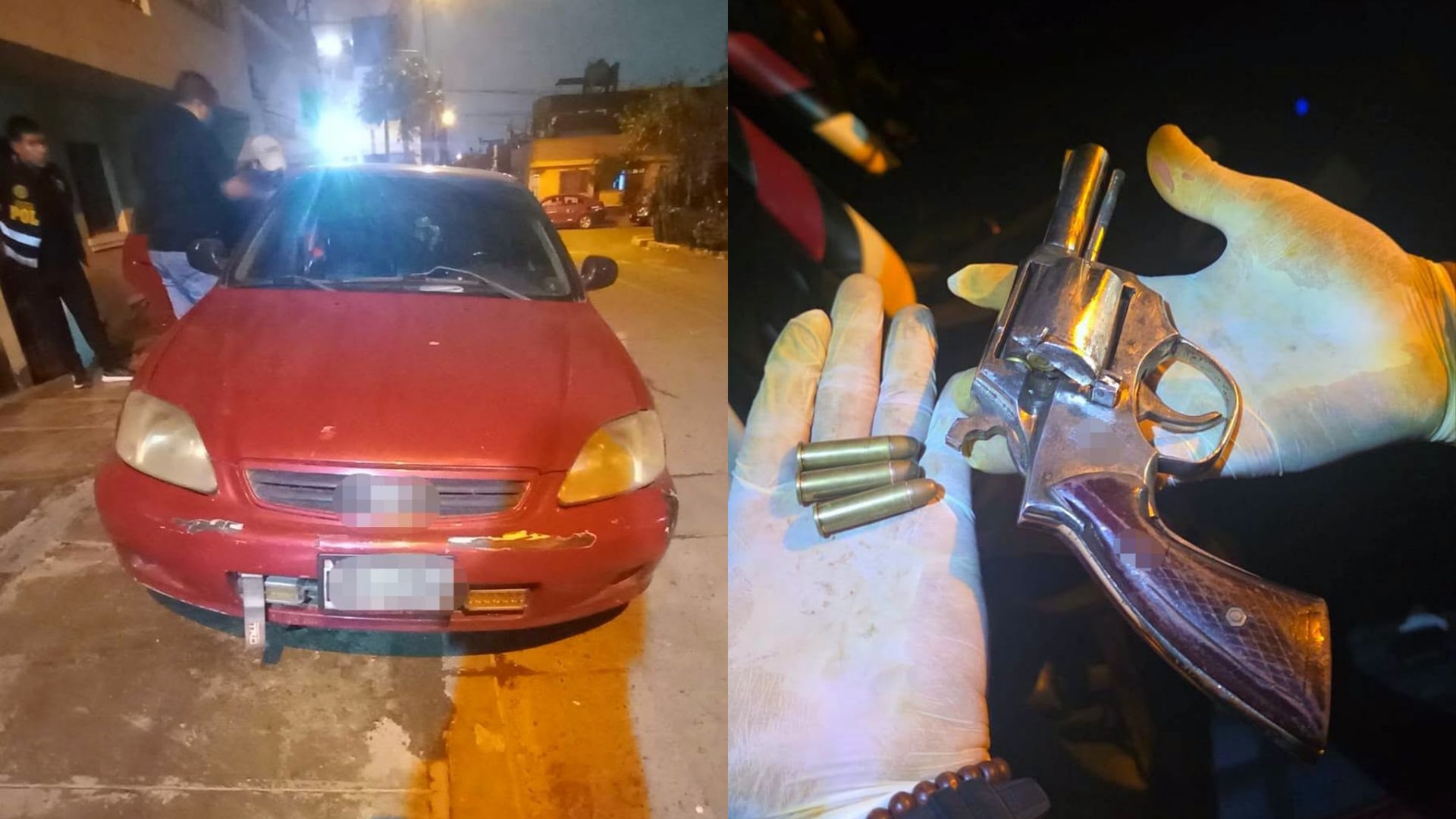 La Policía Nacional del Perú incautó un automóvil rojo, un revólver y municiones durante la captura de dos presuntos implicados en el secuestro de un joven en Lima. (Ministerio del Interior)