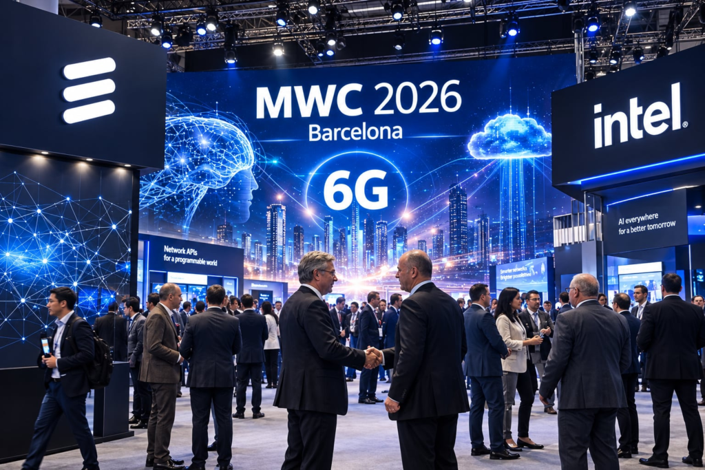 Demostración de 6G en los pabellones de Intel y Ericsson en el MWC de Barcelona 2026.