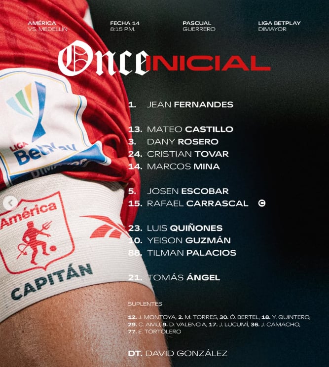 Once inicial de América de Cali para enfrentar al Deportivo Independiente Medellín - crédito @americadecali/Instagram