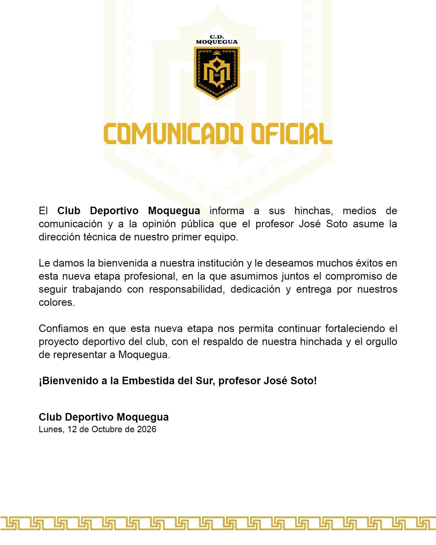 El comunicado de CD Moquegua con la oficialización de José Soto como nuevo DT. - créditos: CD Moquegua
